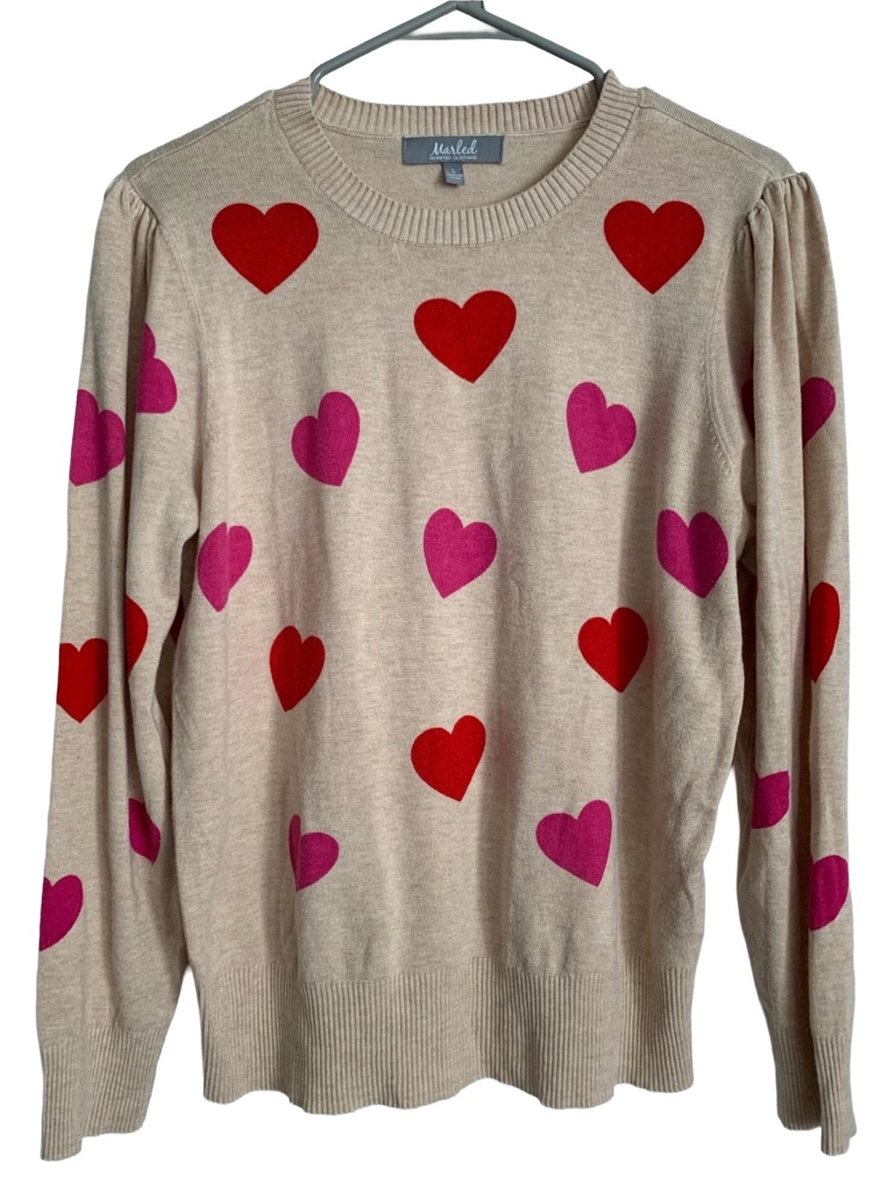 MARLED Women’s Light Tan Pink Red Heart Motif Rayon Nylon Long Sleeve Sweater